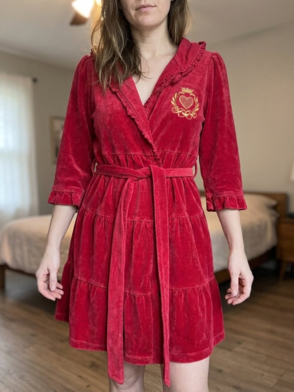 Juicy Couture Red Velour Robe — Hooded, Ruffle Trim, Gold Crest Embroidery